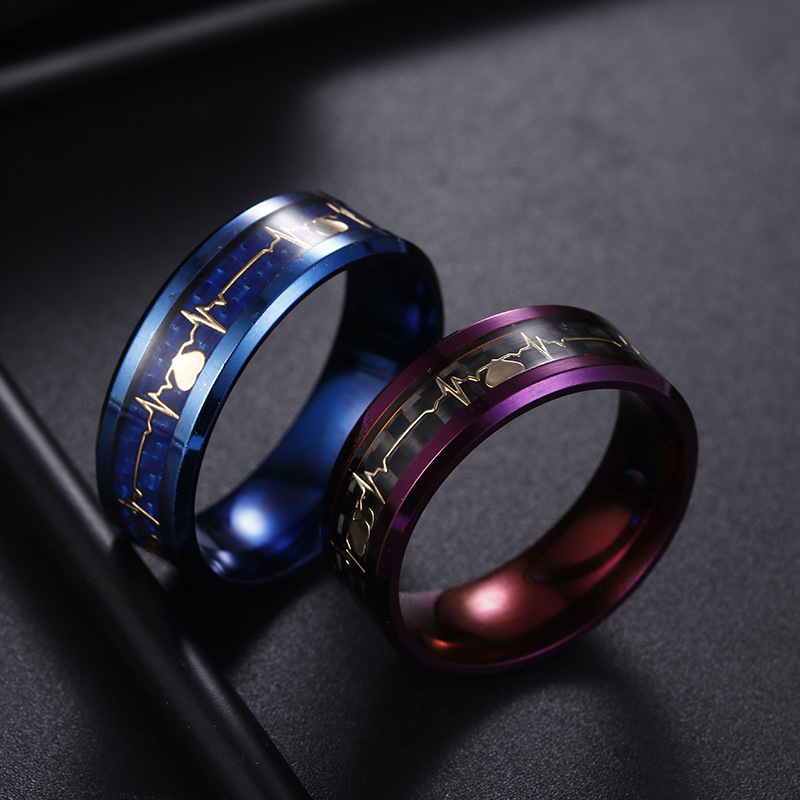 Fashion Blue-plated Carbon Fiber Couples Ecg Titanium Steel Ring display picture 3