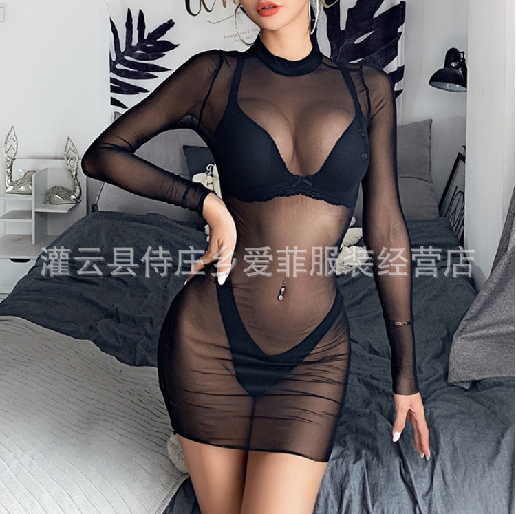 European and American Tight Hip One-piece Long-sleeved Lingerie Plus Large Size Sexy Temptation Mesh Transparent Women's Long Dress