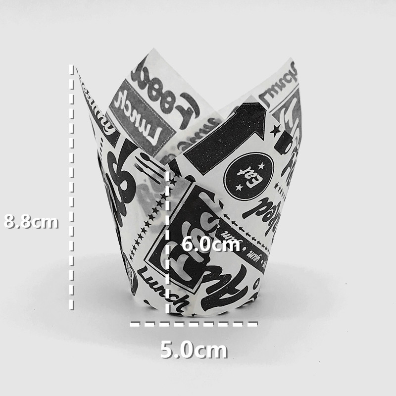 Pastel taza de papel de calidad alimentaria resistente a altas temperaturas al por mayor medio cupcake exportación tulipán horneado titular de papel a prueba de aceite