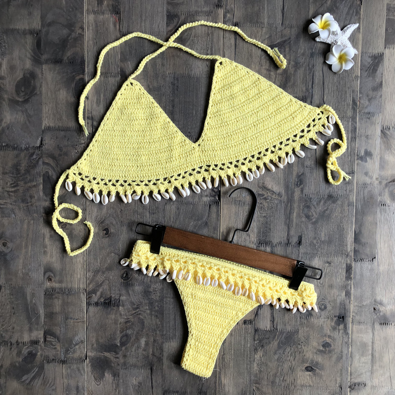 Hand Crochet Cotton Tassel Lace-Up Split Bikini 2 Piece Set NSYZT111522