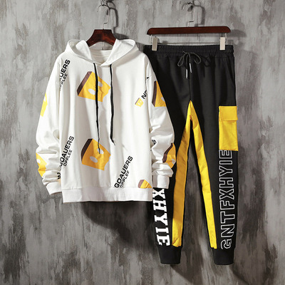 新款韓版男式衛衣免燙處理套頭長袖青春流行寬松連帽休閑衛衣套裝