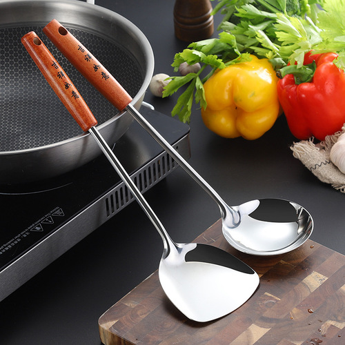Retro stainless steel soup spoon anti-slip and anti-scalding solid wood spatula kitchen cooking spatula kitchenware set manufacturer