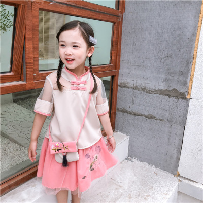 童装一件代发2019夏季女童刺绣旗袍短袖套装民国风上衣半裙两件套