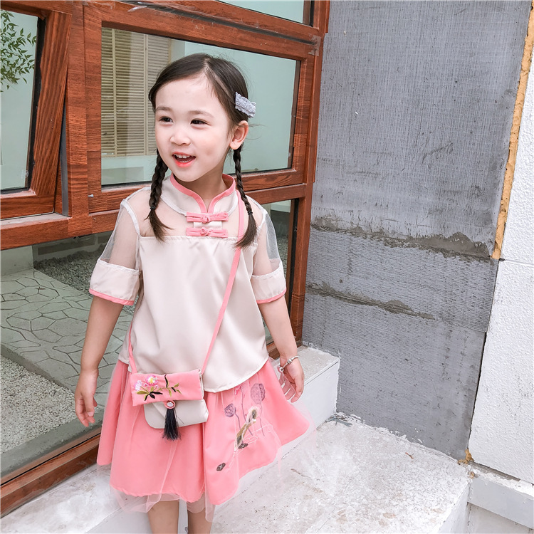 童装一件代发2019夏季女童刺绣旗袍短袖套装民国风上衣半裙两件套