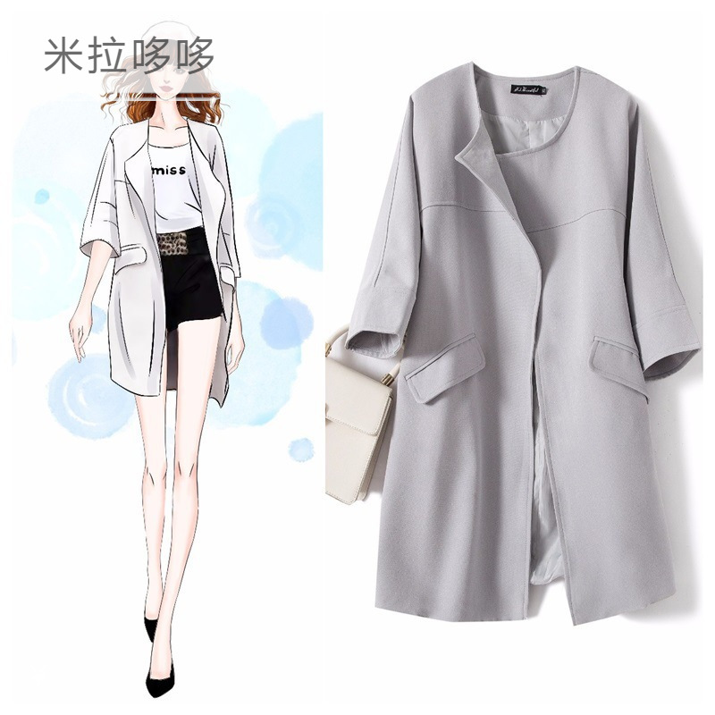 实拍 2019秋装胖MM新款韩版大码女装显瘦薄款七分袖风衣女中长款