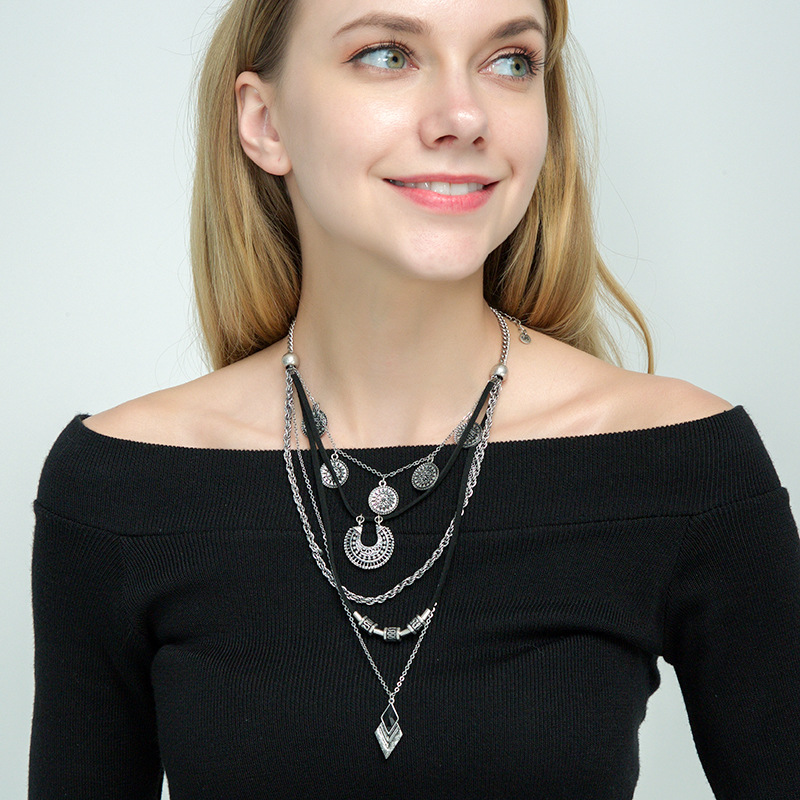 10g Weight Necklace Classification Wedding, Travel Occasion Women'S Gender Fashion Style Silver Color Fashion Retro Geometric Black Multilayer Leather Cord Necklace 2