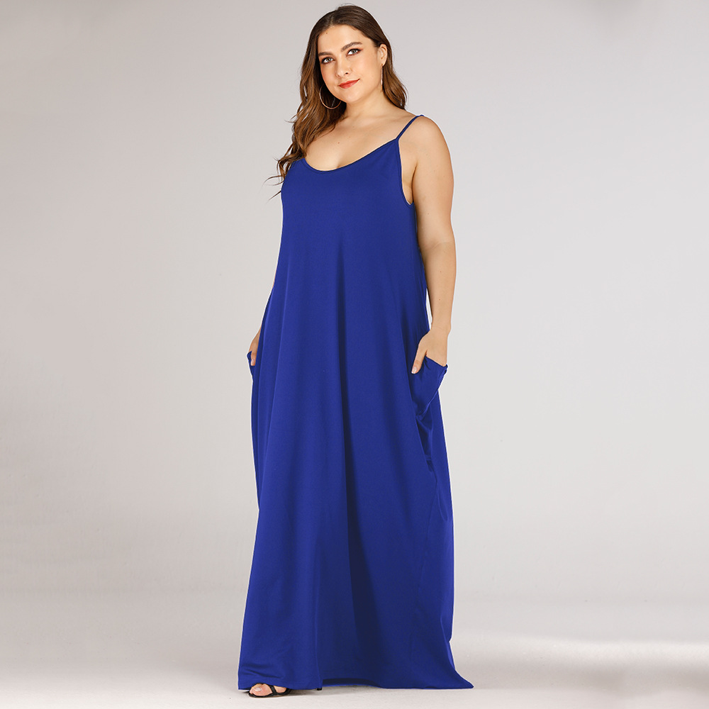 Pure Color Loose Double Pocket Sling Plus Size Long Dress  NSJR17206