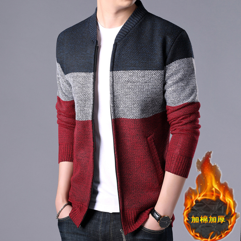 Autumn and winter new men's Plush stand collar color matching cardigan sweater large casual sweater men's warm coat