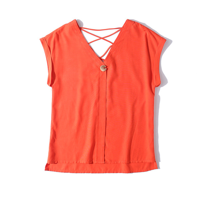 Summer Fashion Metal Button V-collar Short Sleeve Chiffon Shirt  