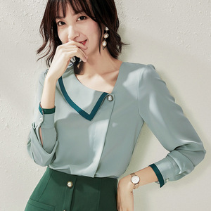 Autumn new avocado green chiffon bottoming shirt