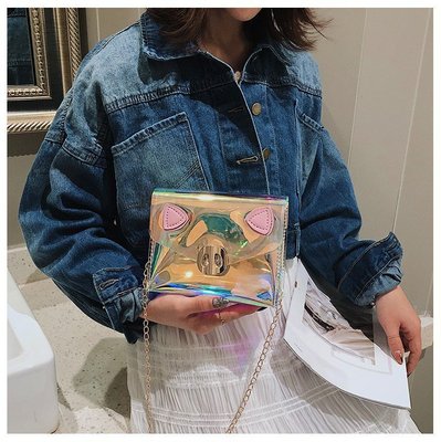 透明果凍女包2019夏季新款小豬包鐳射PVC時尚鏈條單肩斜挎小方包
