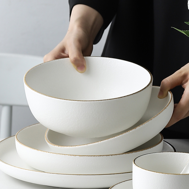 Nordic ins Borde de Oro vajilla creativa Placa de porcelana blanca de oro Punto de pulverización placa de cerámica Occidental plato de carne plato de aperitivos