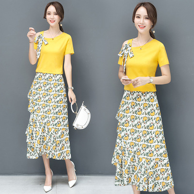现货#2020夏款两件时尚套装女T恤短袖印花半身裙一件铺货女装|ms