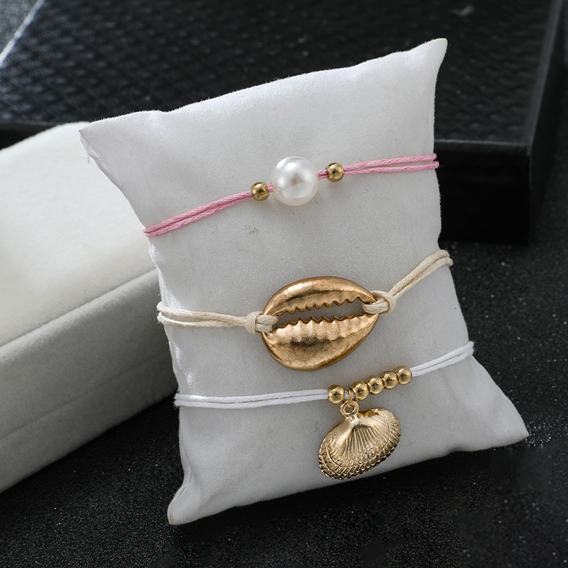 Popular Accessories Bohemian Pearl Gold Shell Line Rope Anklet Set display picture 7