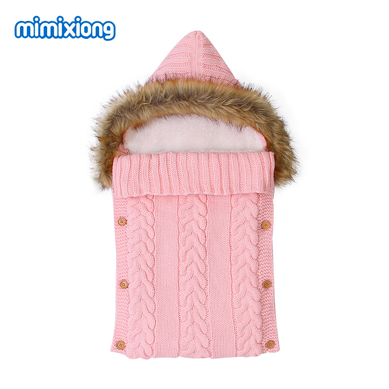 ins热卖款婴儿加绒加厚针织可爱毛领睡袋