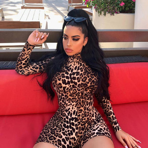 European and American sexy Jumpsuit high neck waist closing leopard print bodysuit shorts for women