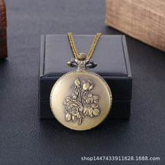 石英表大號復古一支玫瑰花古銅色 掛脖項鍊懷表表 廠家批發8875