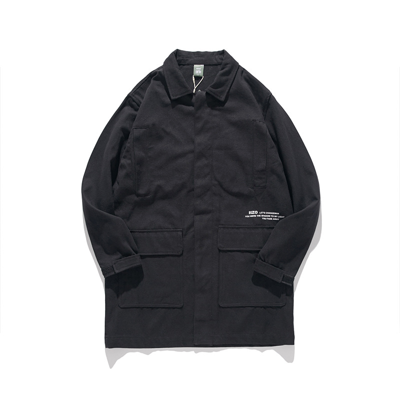 日系工裝外套男士春秋飛行員連帽夾克中長款大口袋潮牌上衣寬松