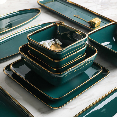 Nordic gold edge ceramic tableware dark green square bowl plate steak plate dessert plate salad bowl hotel storage tray tray