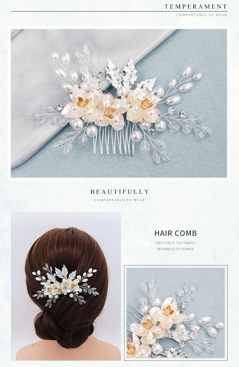 Mode Handgemachte Perle Haar Kamm Legierung Blatt Kopfschmuck Braut Hochzeit Schmuck display picture 2