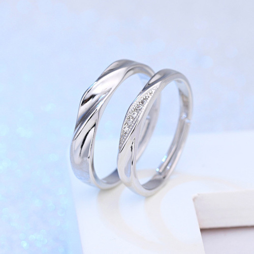Cross-border Korean-style Silver-Plated Open-Style Unisex Ring | Simple Diamond-Inlaid Couple's Adjustable Matching Rings for a Lifetime Together