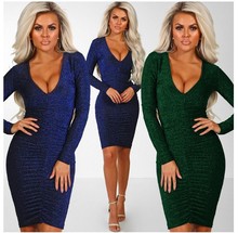2019亚马逊速卖通弹力紧身性感新款欧洲站长袖v领包臀精品连衣裙