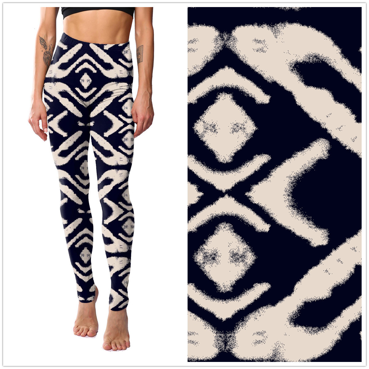 8219 民族几何杏色条纹印花打底裤 九分裤批发printing leggings
