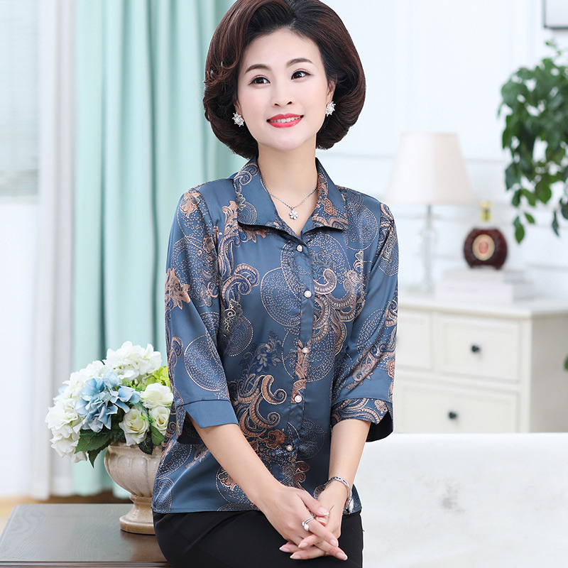 中老年女装衬衣2019新款春季时尚宽松舒适妈妈装七分袖真丝衬衫|ms