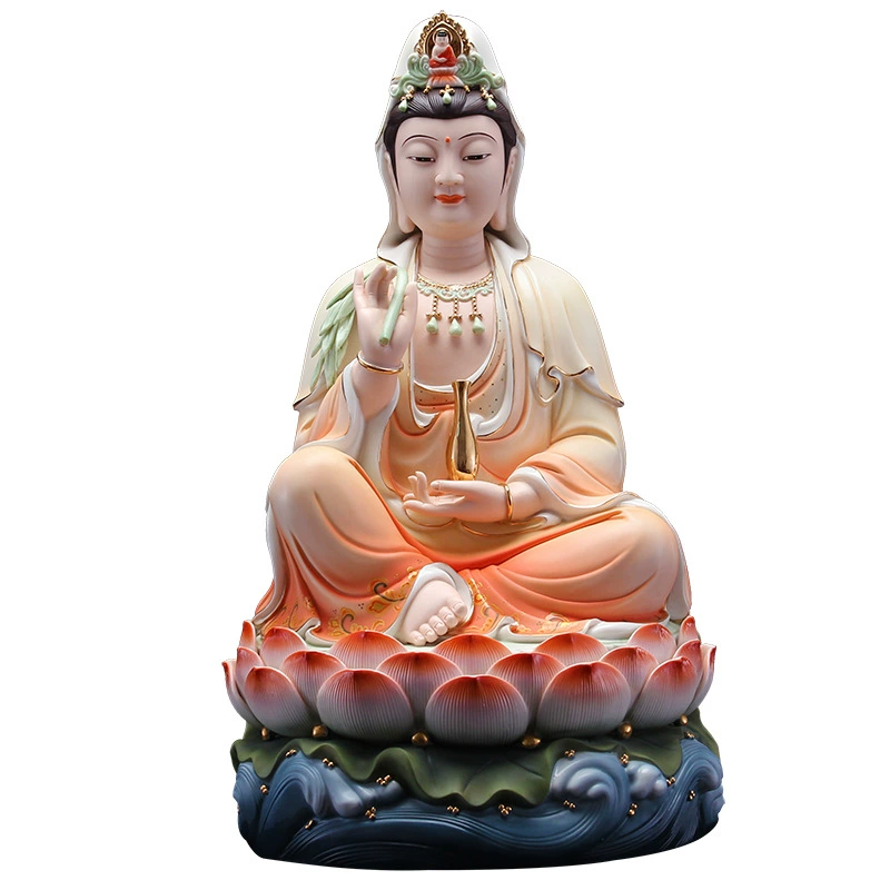 本器 Painted Buddha statue sitting on lotus, Guanyin Bodhisattva statue, ceramic Guanyin Buddha statue, household safety protection and worship ornaments manufacturer