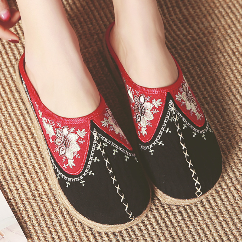 2019春新款包头凉拖鞋 文艺棉麻提花拖鞋 民族风拼色绣花麻边女鞋