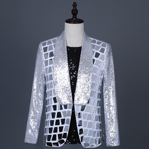 Men youth jazz dance white silver coats gogo dancers singer lens  jacket lapel collar male singer banquet guests host chorus pianist music production sequins dress suit