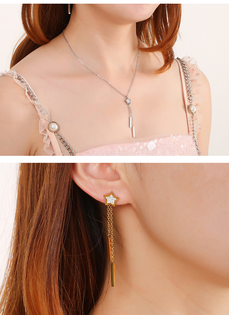 fashion long star titanium steel diamond earring necklace set wholesale Nihaojewelry