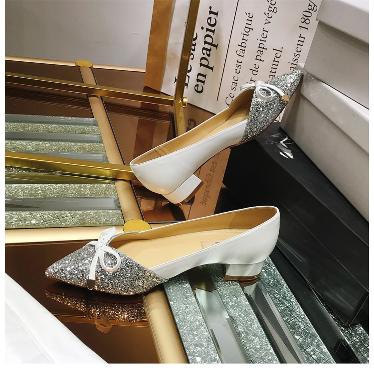 2026 Autumn New Women's Shallow Mouth Single Shoes, Pointed Toe, Color Block, Top Quality Sequin Bow, Mid-Heel, Chunky Heel_vogvips.com