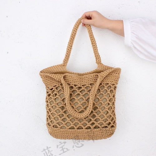 New straw woven bag beach bag portable solid color cotton hand crochet bag trendy female forest style literary style seaside vacation