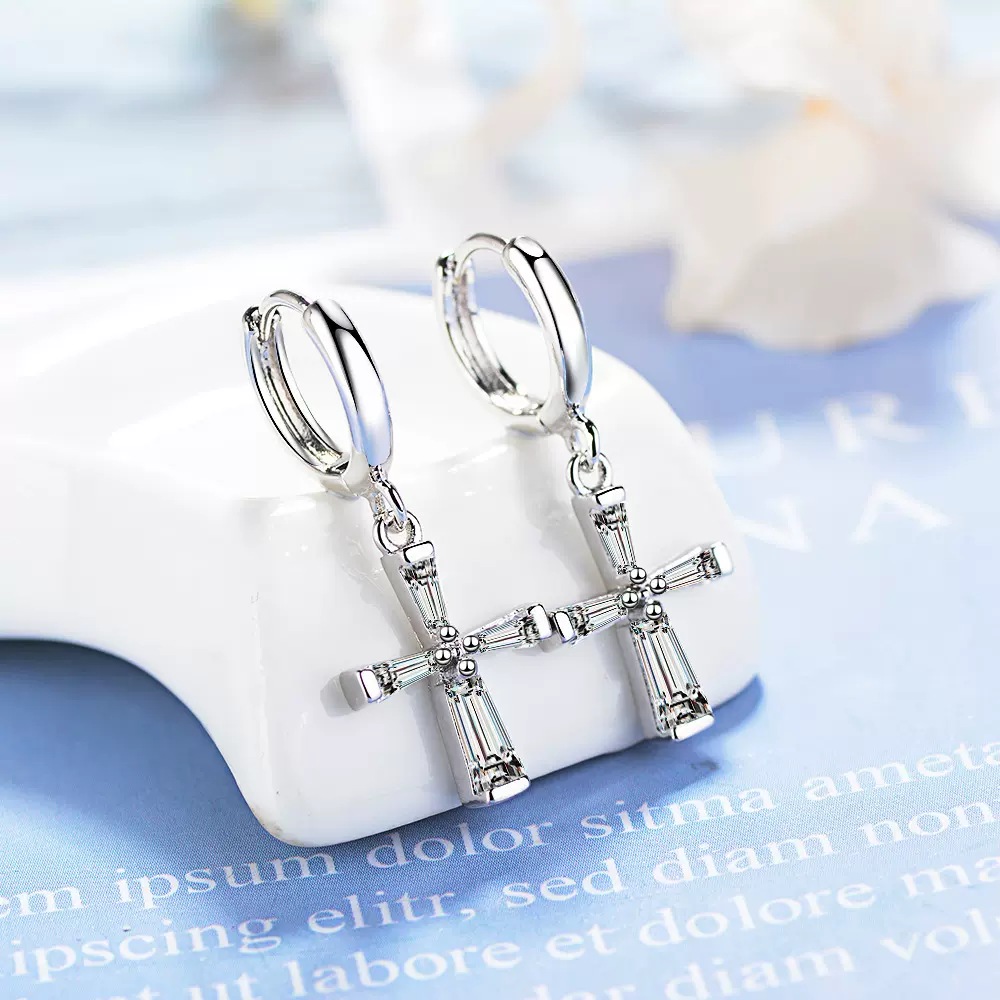 十字架耳环女个性锆石耳扣短款耳坠耳扣铜韩版韩式/韩国风EH420不