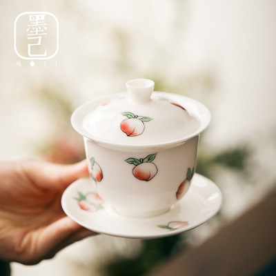 墨己 猪油白手绘三才盖碗 功夫茶具陶瓷泡茶碗 桃子主泡茶碗|ru