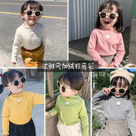 女童T恤泫雅风卷边加绒加厚打底衫上衣26冬装新款外贸童装代发3-8