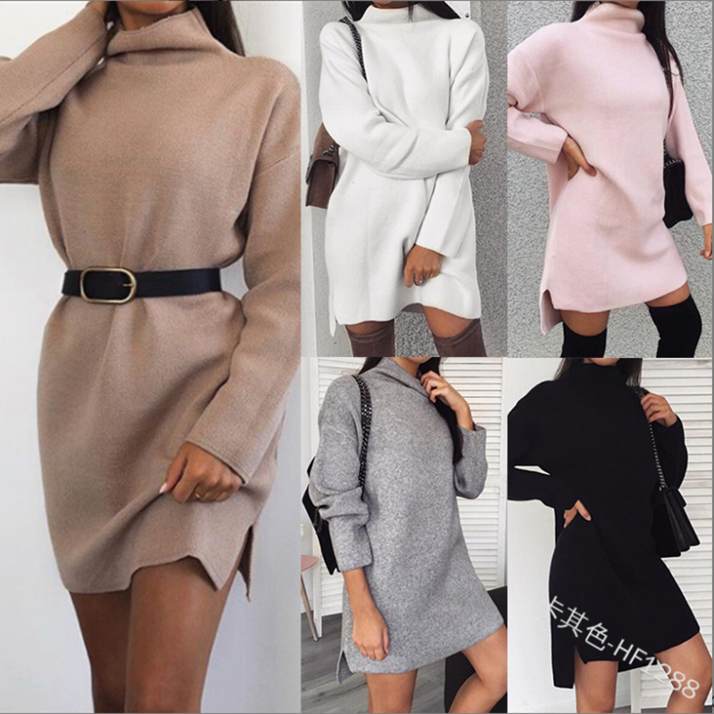Autumn warm solid color simple fashion clean and elegant simple all-match long sleeve turtleneck bottoming women's dress