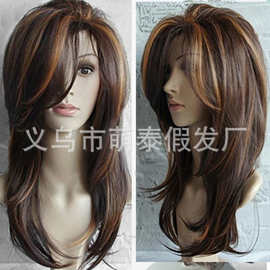 欧美假发女士新款 中长卷发 棕色混色渐变假发 高温丝wigs厂家