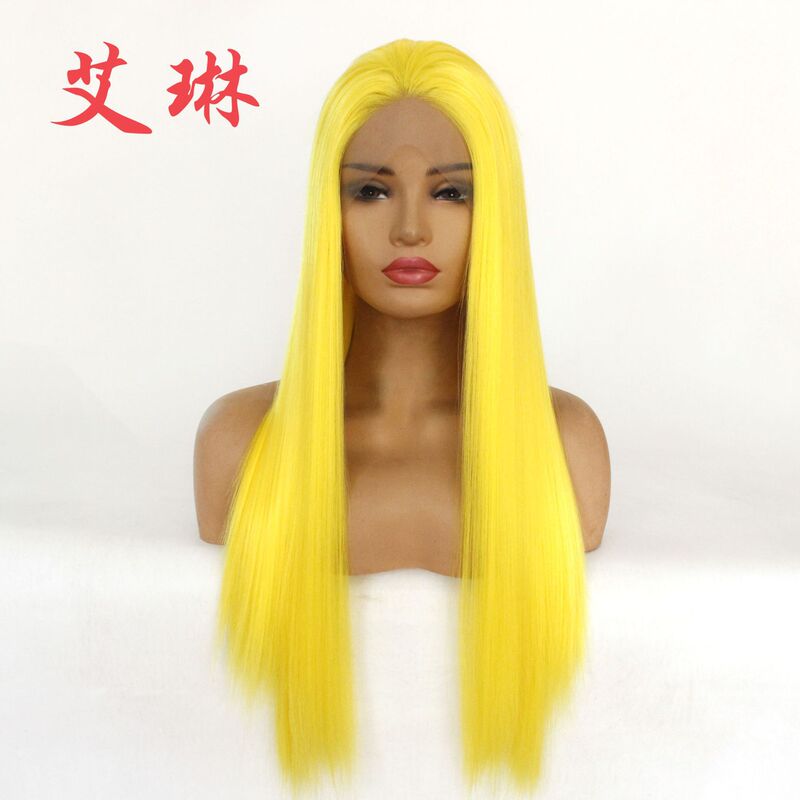 Foreign trade Europe and the United States popular women's yellow long straight hair wig chemical fiber front lace half hand woven headgear manufacturers in stock Foreign trade Europe and the United States popular women's yellow long straight hair wig chemical fiber front lace half hand woven headgear manufacturers in stock