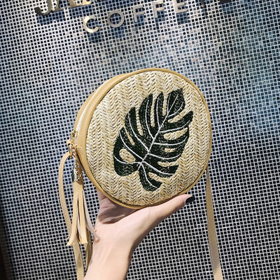 2018秋季新款菠萝绣花圆形包包百搭简约单肩斜跨草编女包流苏包|ms