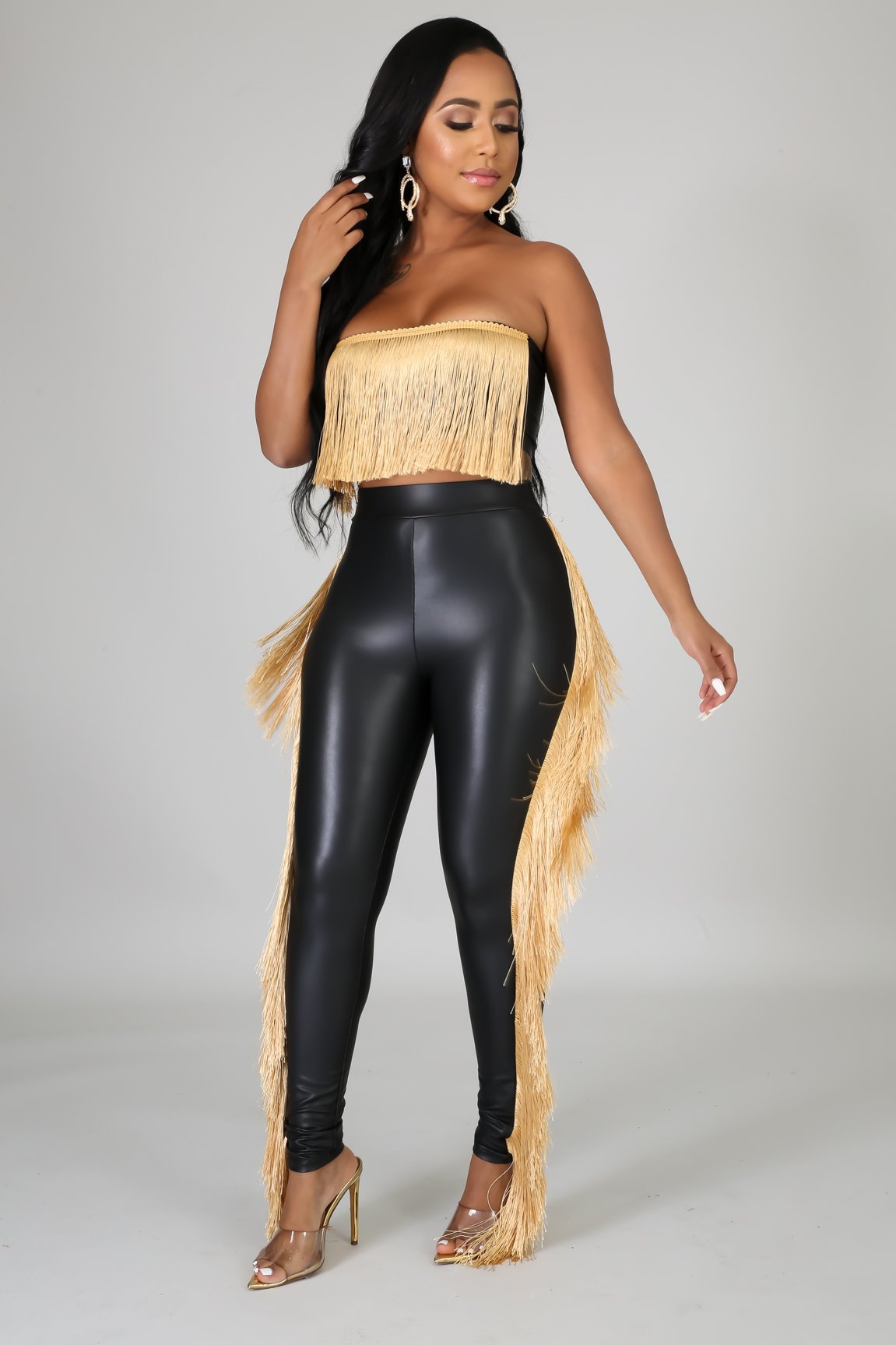 Sexy Wrapped Chest Tassel Slim Trousers 2 Piece Set NSTYF72897