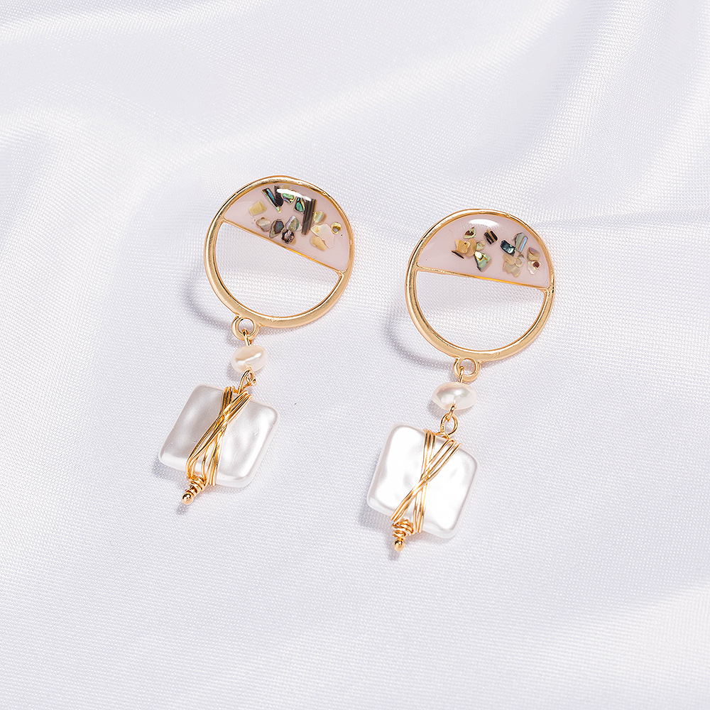 Fashion Inlaid Painting Oil Color Shell Square Pearl Drop Earrings Wholesale display picture 5