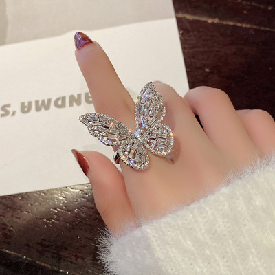 Fashion personality fairy zircon butterfly open forefinger han edition web celebrity cold wind ring ring ins tide female