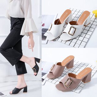 2023 Summer New Thick Heel Sandals and Slippers Women's Outer Wear One Word Fashion Belt Buckle High Heel Large Size Slippers