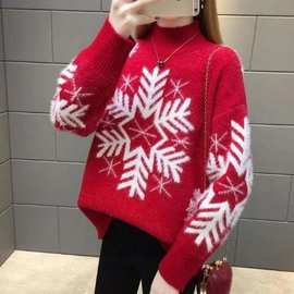 圣诞红色半高领毛衣女套头秋冬雪花针织打底衫christmas sweater
