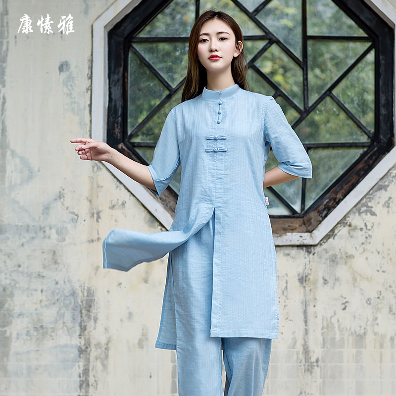 新品亚麻纯色瑜伽大师服两件套装打坐居士太极禅修服加大加宽大码