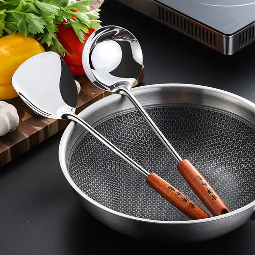 Retro stainless steel soup spoon anti-slip and anti-scalding solid wood spatula kitchen cooking spatula kitchenware set manufacturer