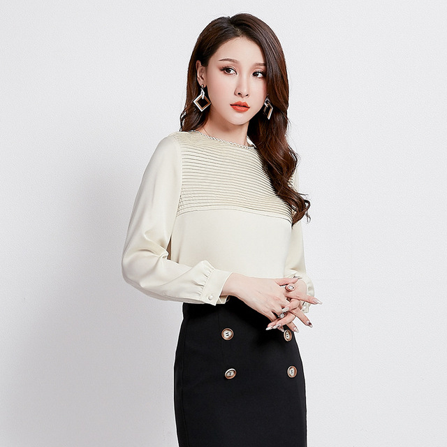 Autumn New Long-sleeved Folded Pullover Round-necked Chiffon Shirt