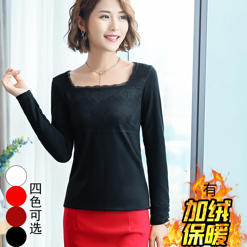 Wholesale velvet padded tight bottoming shirt Women's warm new fashion lace sequins chiffon suit for autumn and winter